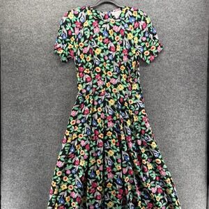 Vintage 30s 40s Lord & Taylor Dress Womens 12 Black Floral Back Button Fit Flare